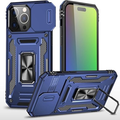 iP15 Pro Max Utter Tough Metal Ring Movable Camera Window Hybrid Case Cover - Navy blue