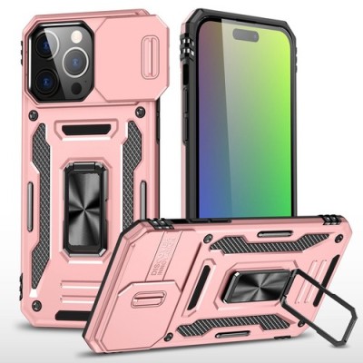 iP15 Pro Max Utter Tough Metal Ring Movable Camera Window Hybrid Case Cover - Rose Gold