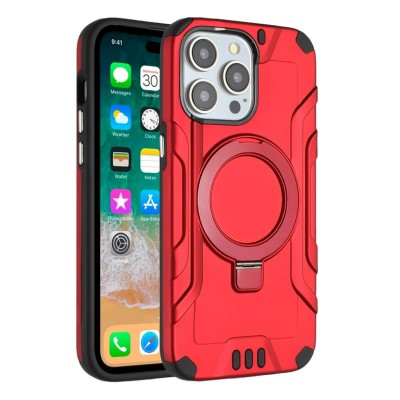 iP15 Pro Max Well Protective Magentic Ring Stand Camera Protective Cover Case - Red