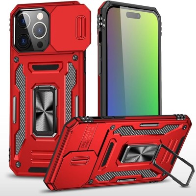 iP15 Pro Max Utter Tough Metal Ring Movable Camera Window Hybrid Case Cover - Red