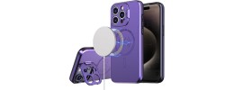 iP15 Pro Max Magnetic Ring Circle Camera Cap KickStand Hybrid UV Paint Matte Finish Case - Purple
