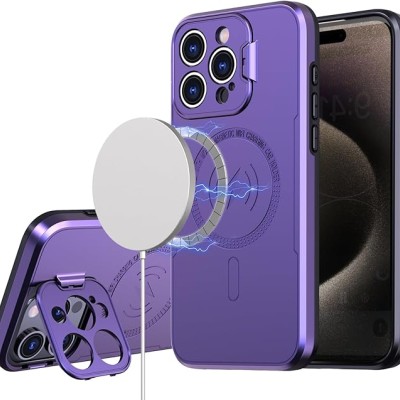 iP15 Pro Max Magnetic Ring Circle Camera Cap KickStand Hybrid UV Paint Matte Finish Case - Purple