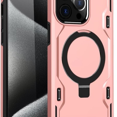 iP15 Pro Max Magnetic Ring Stand Simplistic Tough Hybrid Case Cover - Rose Gold