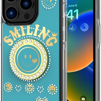 iPhone 15 Smiling Glitter Ornament Bling With Ring Stand Hybrid Case Cover - Blue