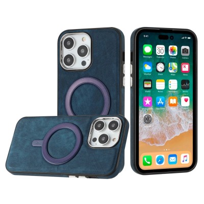 For iPhone 11 (XI6.1) Fashion Chrome Edged Camera [Magnetic Circle] PU Leather Hybrid - Dark Blue