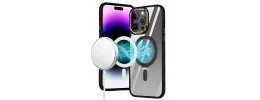 iPhone 15 Dazzle [Magnetic Circle] Kickstand Alloy Chrome Transparent Hybrid - Black