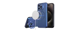 iPhone 15 Magnetic Ring Circle Camera Cap KickStand Hybrid UV Paint Matte Finish Case - Blue