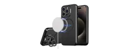 iPhone 15 Magnetic Ring Circle Camera Cap KickStand Hybrid UV Paint Matte Finish Case - Black