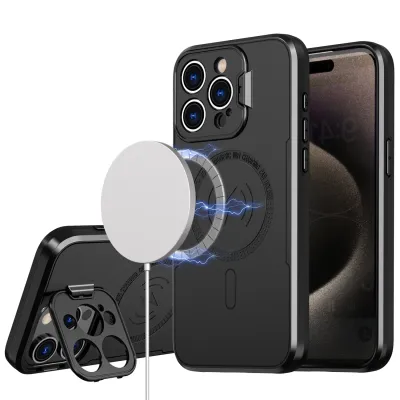 iPhone 15 Magnetic Ring Circle Camera Cap KickStand Hybrid UV Paint Matte Finish Case - Black