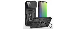 iPhone 15 Utter Tough Metal Ring Movable Camera Window Hybrid Case Cover - Black