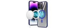 iPhone 15 Dazzle [Magnetic Circle] Kickstand Alloy Chrome Transparent Hybrid - Navy Blue