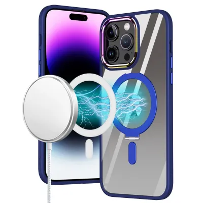iPhone 15 Dazzle [Magnetic Circle] Kickstand Alloy Chrome Transparent Hybrid - Navy Blue