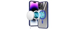 iPhone 15 Plus Dazzle [Magnetic Circle] Kickstand Alloy Chrome Transparent Hybrid - Navy Blue