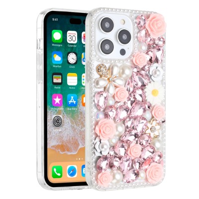 iPhone 15 Plus Rose Flower Full Diamond Bling Stones - Pink