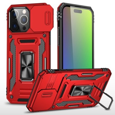 iPhone 15 Pro Utter Tough Metal Ring Movable Camera Window Hybrid Case Cover - Red