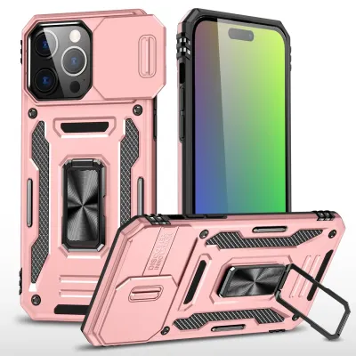 iPhone 15 Utter Tough Metal Ring Movable Camera Window Hybrid Case Cover - Rose Gold