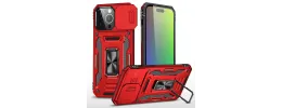 iPhone 15 Utter Tough Metal Ring Movable Camera Window Hybrid Case Cover - Red