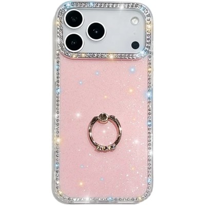 iPhone 17 Air Glitter w/Diamonds Edges Ring Stand Bling Case Pink(Premium Package)