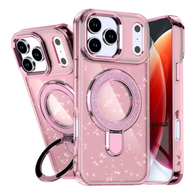 iPhone 17 Pro Max Glitter w/Diamonds Edges Ring Stand Bling Case Pink(Premium Package)