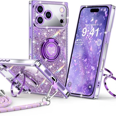 iPhone 17 Pro Max Glitter w/Diamonds Edges Ring Stand Bling Case Purple(Premium Package)