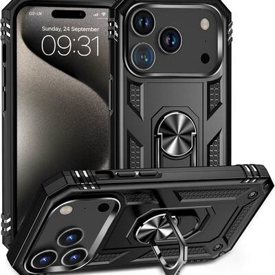 iPhone 17 Pro Max Hybrid Dual Layer Case w/Metal Ring Black(Premium Package)