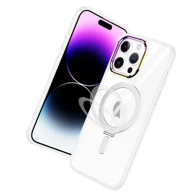 iPhone 15 Plus Dazzle [Magnetic Circle] Kickstand Alloy Chrome Transparent Hybrid - Clear