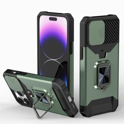 iPhone 15 Multi-Functional Card Magnetic Ring Stand Hybrid Camera Case Cover - Midnight Green