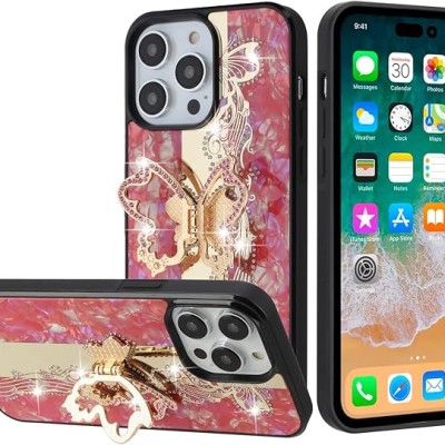 iPhone 15 Plus SPLENDID Diamond Glitter Ornaments Engraving Case Cover - Enchanted Butterfly Red