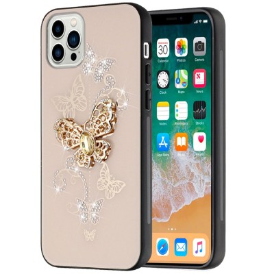 iPhone 15 Pro SPLENDID Diamond Glitter Ornaments Engraving Case Cover - Garden Butterflies Gold