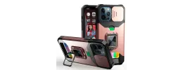 iPhone 15 Multi-Functional Card Magnetic Ring Stand Hybrid Camera Case Cover - Rose Gold