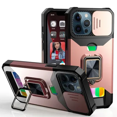 iPhone 15 Multi-Functional Card Magnetic Ring Stand Hybrid Camera Case Cover - Rose Gold
