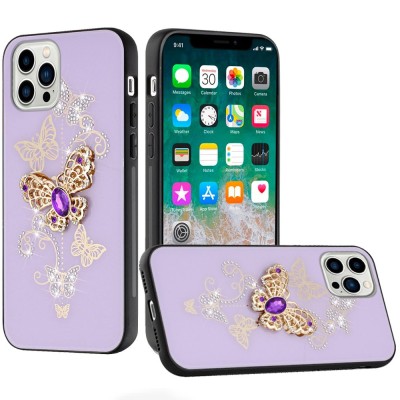 iPhone 15 Pro SPLENDID Diamond Glitter Ornaments Engraving Case Cover - Garden Butterflies Purple