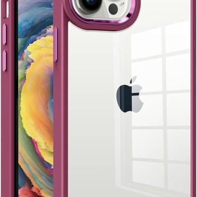 iPhone 15 Pro Finest Transparent Thick Acrylic Hybrid Metal Buttons Cover Case - Burgundy