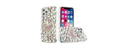 iPhone 15 Plus Full Diamond with Ornaments Hard TPU Case Cover - Hearty Pink Pearl Heart