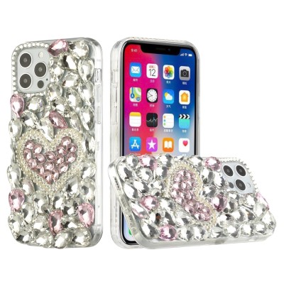 iPhone 15 Plus Full Diamond with Ornaments Hard TPU Case Cover - Hearty Pink Pearl Heart