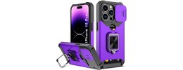 iPhone 15 Multi-Functional Card Magnetic Ring Stand Hybrid Camera Case Cover - Dark Purple