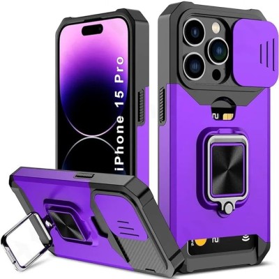 iPhone 15 Multi-Functional Card Magnetic Ring Stand Hybrid Camera Case Cover - Dark Purple
