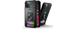 iPhone 15 Multi-Functional Card Magnetic Ring Stand Hybrid Camera Case Cover - Black