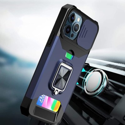 iPhone 15 Multi-Functional Card Magnetic Ring Stand Hybrid Camera Case Cover - Blue