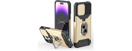 iPhone 15 Multi-Functional Card Magnetic Ring Stand Hybrid Camera Case Cover - Gold