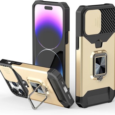 iPhone 15 Multi-Functional Card Magnetic Ring Stand Hybrid Camera Case Cover - Gold