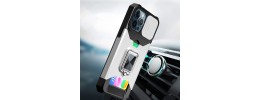 iPhone 15 Multi-Functional Card Magnetic Ring Stand Hybrid Camera Case Cover - Silver