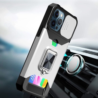 iPhone 15 Multi-Functional Card Magnetic Ring Stand Hybrid Camera Case Cover - Silver