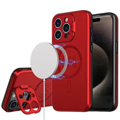 iPhone 15 Magnetic Ring Circle Camera Cap KickStand Hybrid UV Paint Matte Finish Case - Red