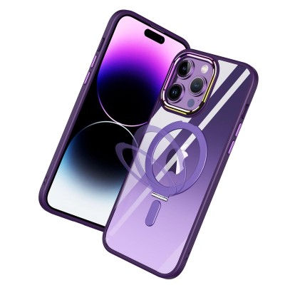 iPhone 15 Plus Dazzle [Magnetic Circle] Kickstand Alloy Chrome Transparent Hybrid - Dark Purple