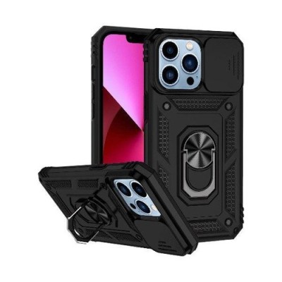 iPhone 15 Well Protective Magentic Ring Stand Camera Protective Cover Case - Black