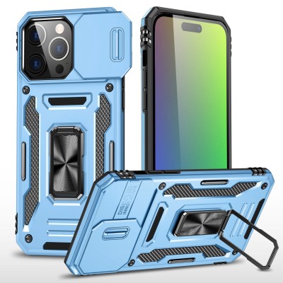 iPhone 15 Utter Tough Metal Ring Movable Camera Window Hybrid Case Cover - Light Blue