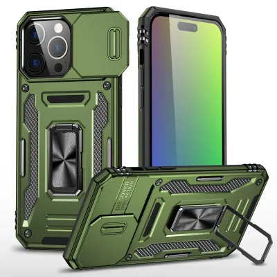 iPhone 15 Utter Tough Metal Ring Movable Camera Window Hybrid Case Cover - Midnight Green