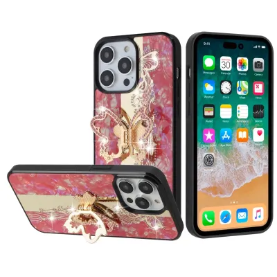 iPhone 15 Pro SPLENDID Diamond Glitter Ornaments Engraving Case Cover - Enchanted Butterfly Red