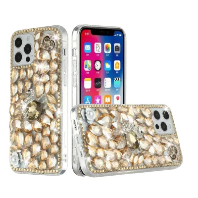 iPhone 15 Plus Full Diamond with Ornaments Hard TPU Case Cover - Gold Swan Crown Pearl